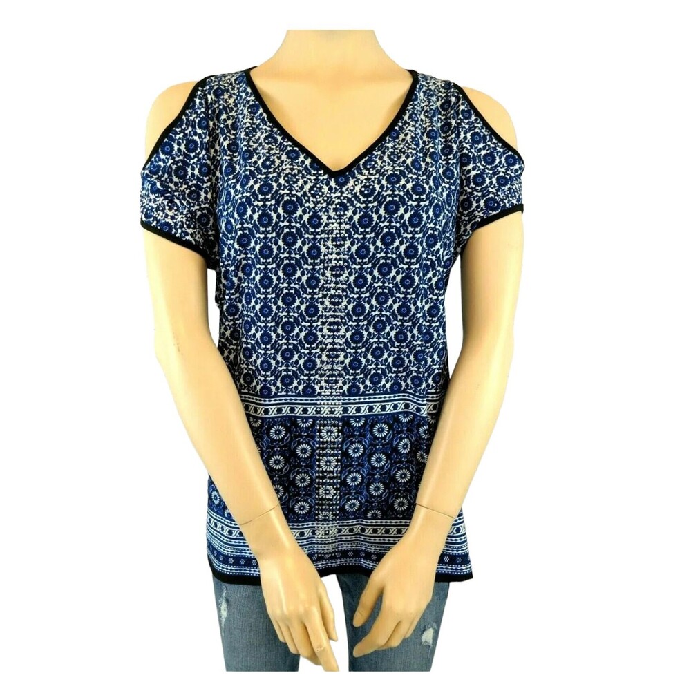 ESPRESSO Top  Womens MP  Embellished Blue Floral Jersey Knit Cold Shoulder Shirt